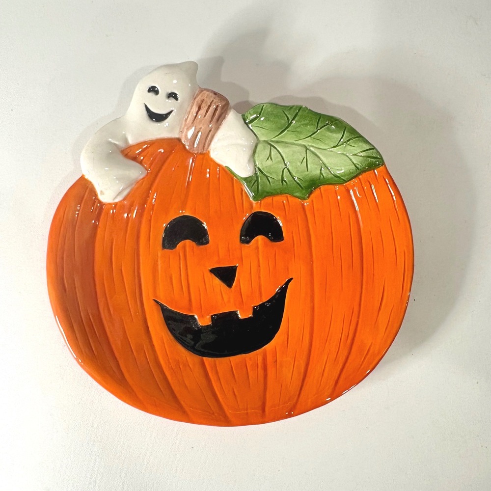 Fitz and Floyd Essentials Halloween Pumpkin Ghost Ceramic Candy Dish Plate